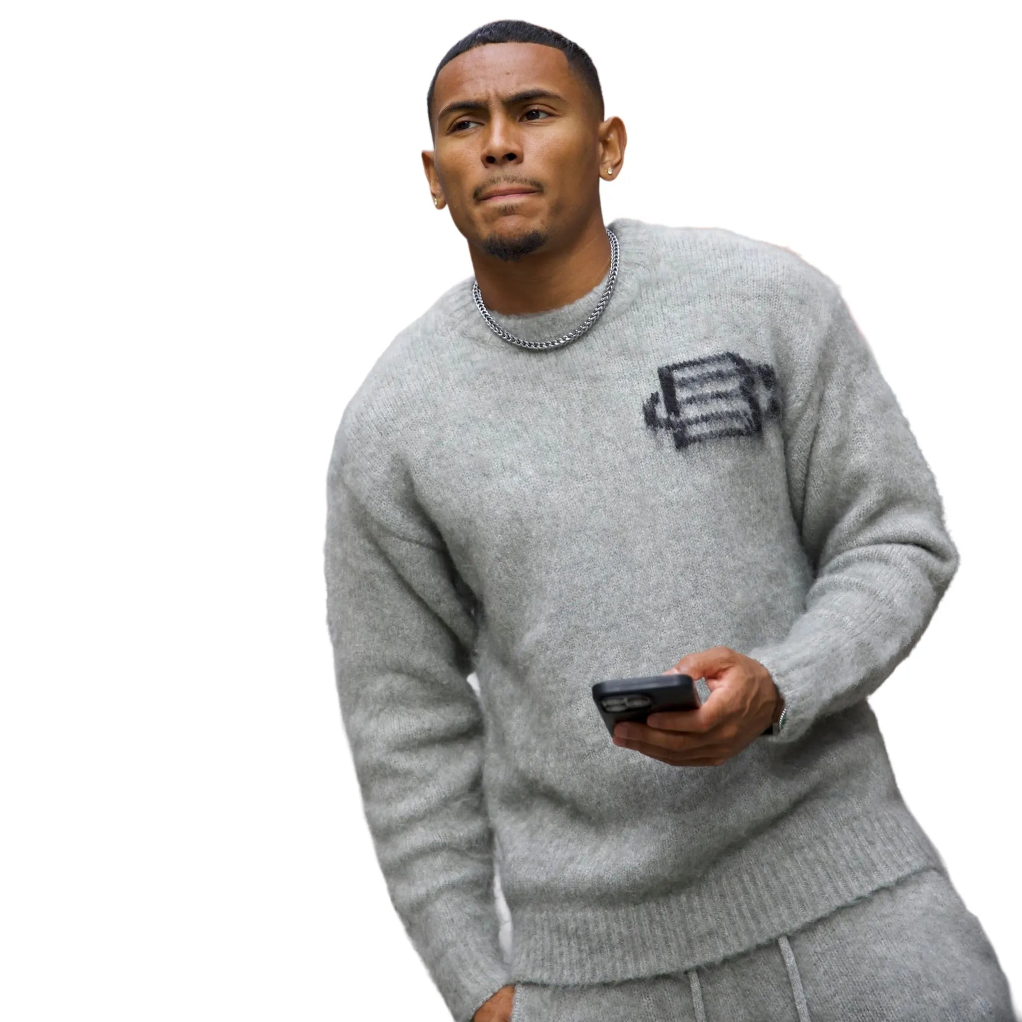 Model View of Bénir Clothing Mohair Knit BC Light Grey Sweatshirt MOJUMPLGRY